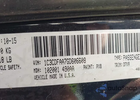 2016 Dodge Dart Se from USA, damaged, VIN 1C3CDFAA7GD606608